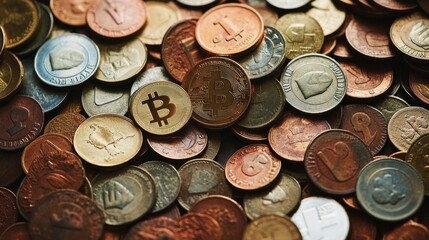 The image illustrates the intersection of finance and cryptocurrency. A golden Bitcoin stands prominently in the foreground, symbolizing the rise of digital currency.