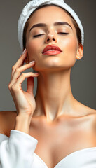 Woman Touching Her Face. Relaxed, towel on head, self-care, skincare routine, pampering, beauty, wellness, gentle touch