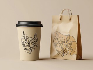 Charming paper cup and bag mockup for coffee shops, beautifully illustrated