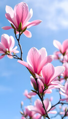 Obraz premium Pink magnolia blossoms against a clear blue sky, springtime beauty and nature's elegance, vibrant floral scene, Diffused lighting, with white tones