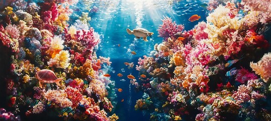 A vibrant coral reef scene with schools of colorful fish swimming among the corals, sunlight filtering through the clear blue water, and sea turtles gliding by 