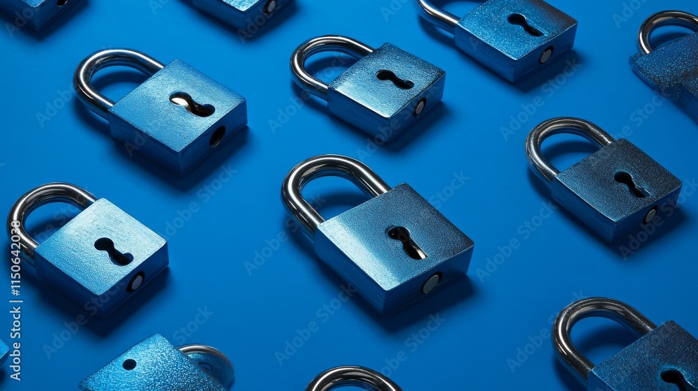 Poster futuristic cyber security vector illustration. data security scanning. wireframe locks on blue backg