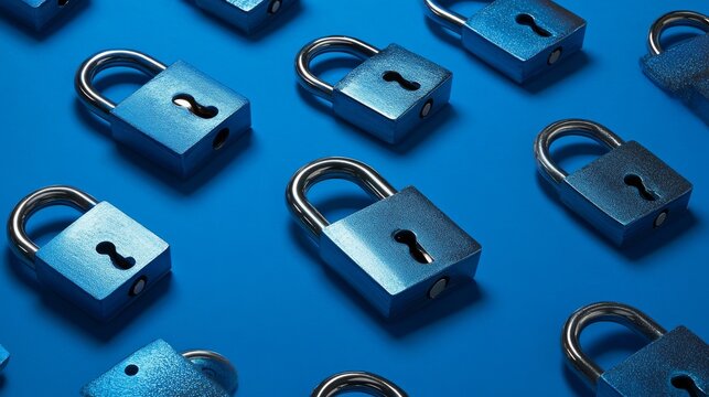 Futuristic cyber security vector illustration. Data security scanning. Wireframe locks on blue background. Padlock technology, cybersecurity, and digital encryption.