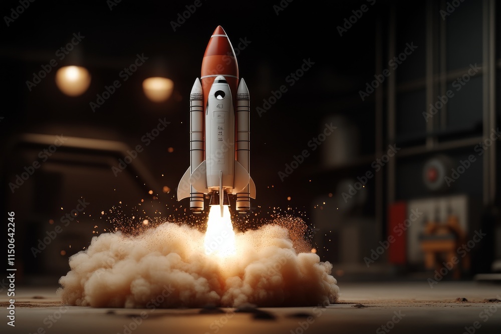 Poster rocket launch simulation with liftoff in a dynamic indoor environment at dusk