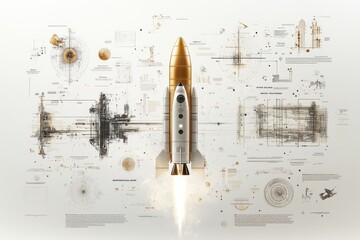 Rocket launch preparation with technical schematics and diagrams displayed in a futuristic design