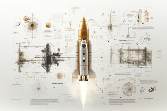 Rocket launch preparation with technical schematics and diagrams displayed in a futuristic design