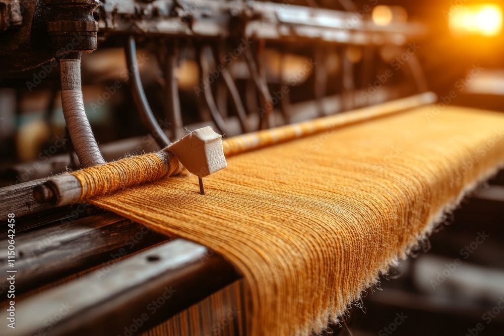 Poster textile production process involving a textile machine creating vibrant yellow fabric in a workshop 