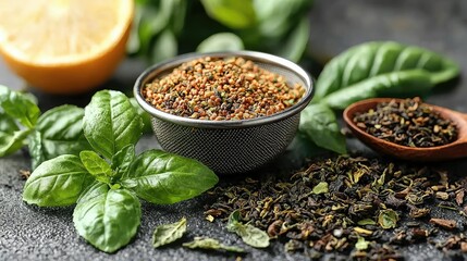 A collection of spices and fresh basil leaves with a lemon, emphasizing culinary use.
