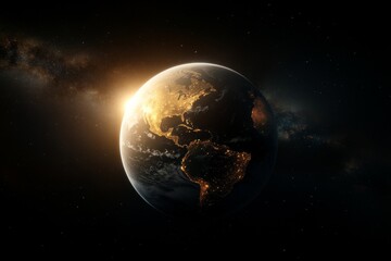 Fototapeta premium Earth illuminated by sunrise, highlighting continents and city lights from space at dawn