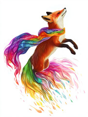 Obraz premium Bright Red Fox Leaping Joyfully in Rainbow-Patterned Sweater, Energetic Display