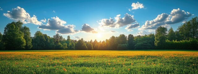 Sunlit field of orange wildflowers bordered by a lush forest.