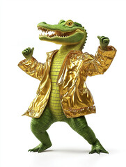 Fototapeta premium Neon Green Alligator Flipping in Golden Jacket, Dynamic Action