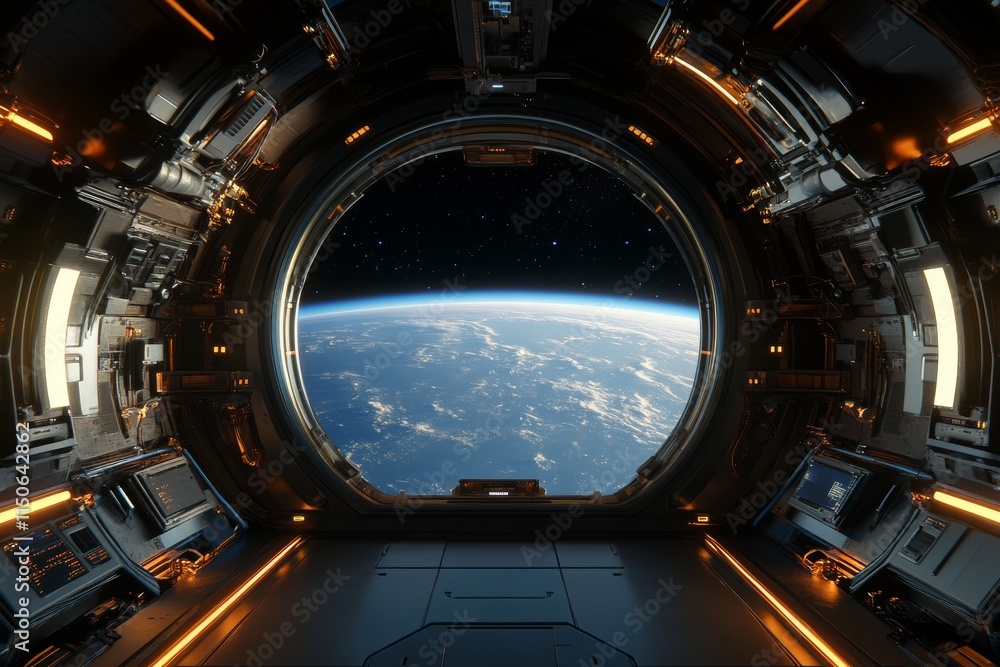 Poster view of earth from a futuristic space station window with advanced technology and starry sky in the 