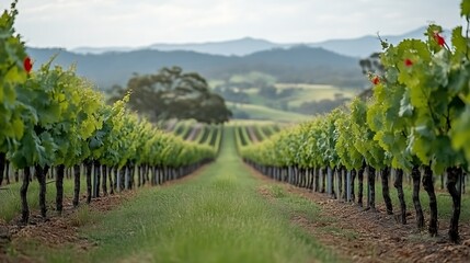 Naklejka premium Vineyard Rows Stretching Towards Distant Hills