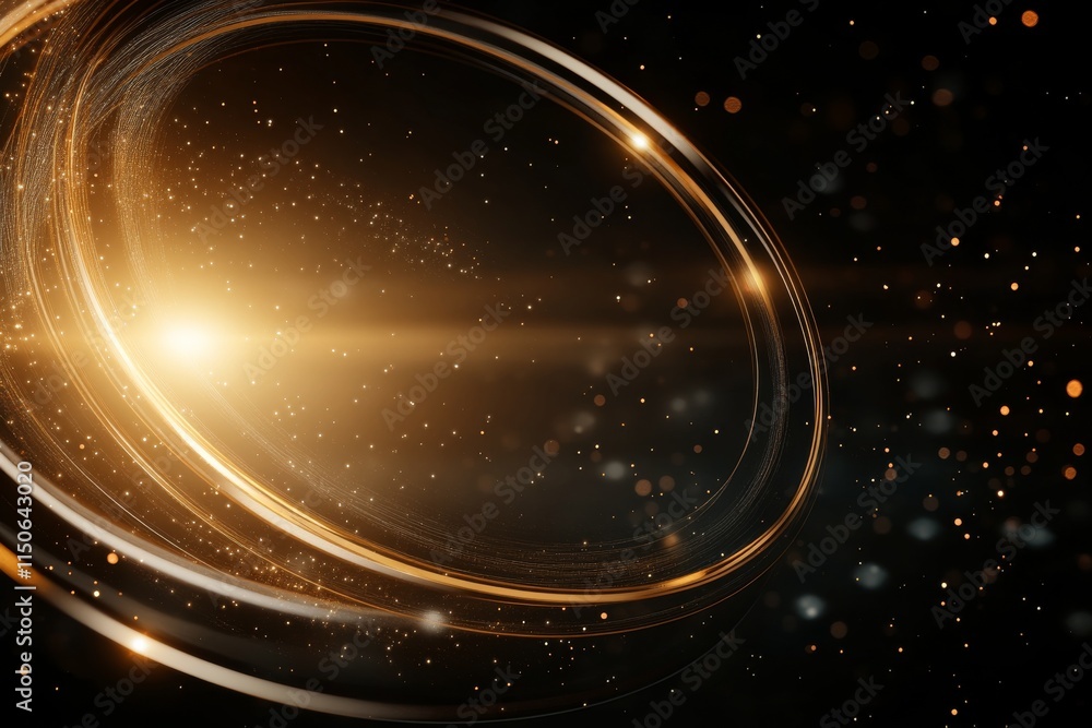 Poster dynamic golden swirl with bright light and shimmering particles in dark background