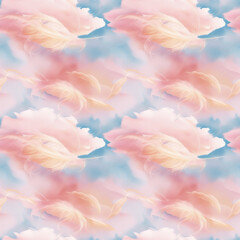 Dreamy seamless background with soft clouds and delicate feathers in pastel colors, modern design