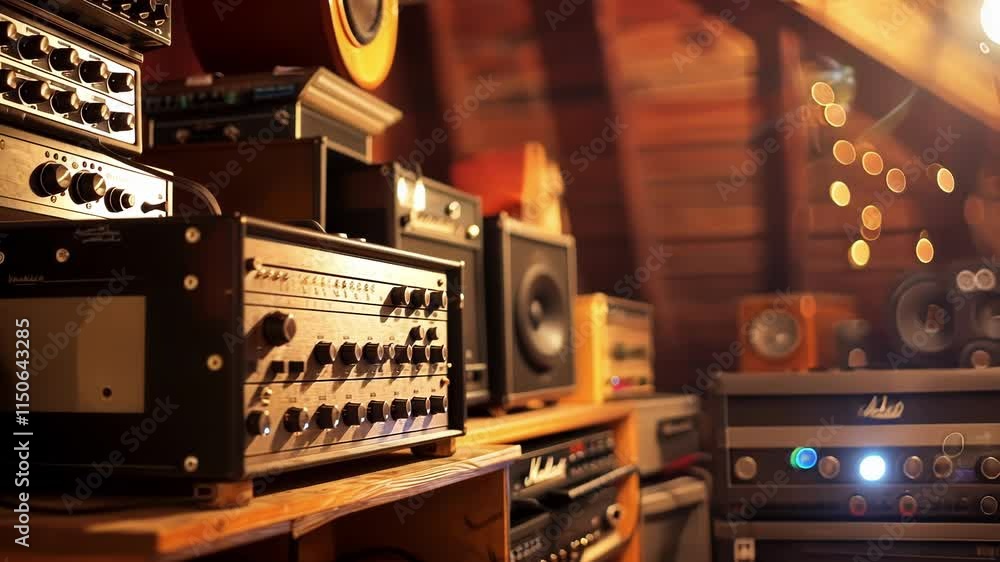 Poster the attic is filled with oldfashioned radio equipment each one emitting a different frequency of qua