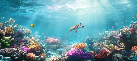 Obraz premium A vibrant coral reef with colorful fish swimming among the corals, sunlight streaming through the clear blue water, and a sea turtle gliding by