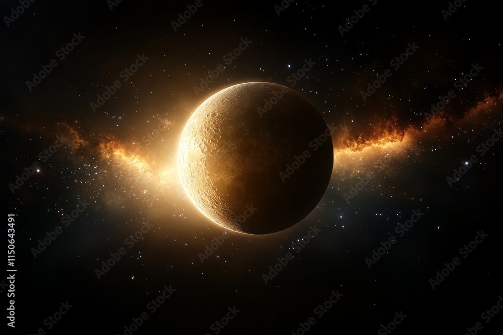 Poster cosmic view of a planet surrounded by bright gases and distant stars in the vast universe during a s