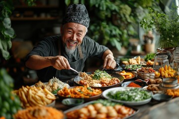 Chef showcasing a table full of Asian delicacies.