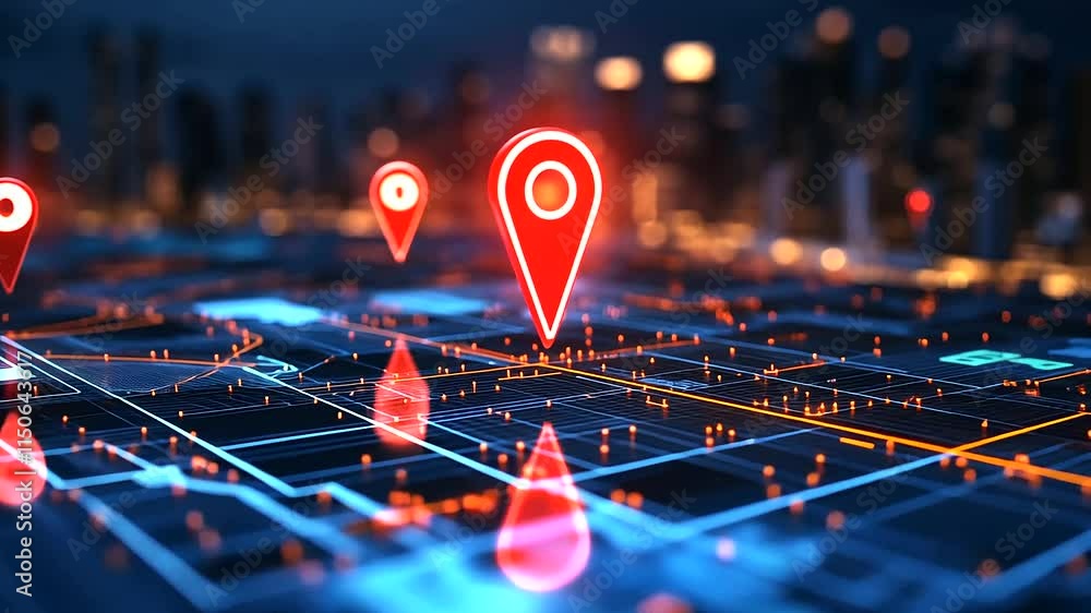 Poster a detailed d cityscape map with red location pins rising above buildings, connected by bright networ
