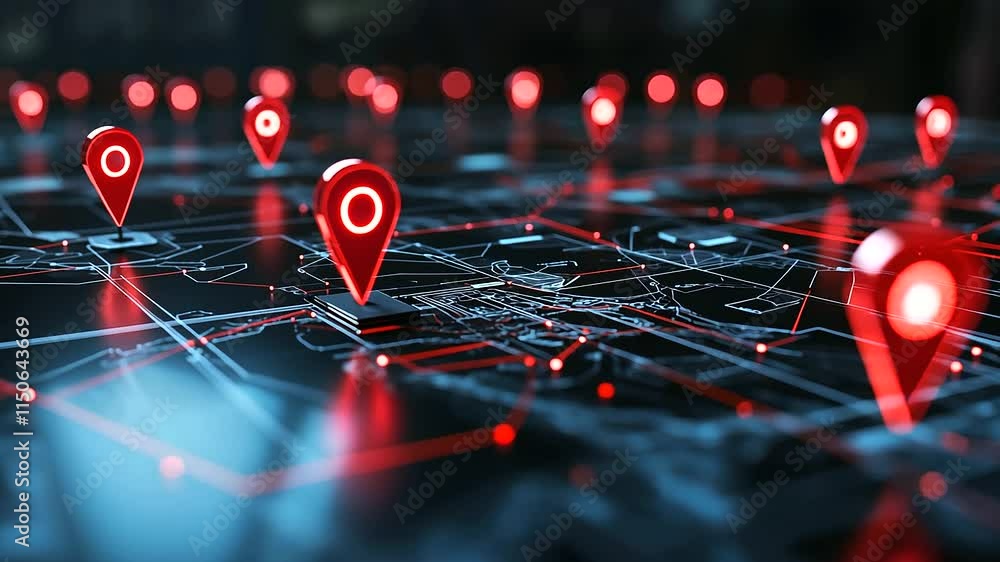 Poster a futuristic d world map with illuminated red pins marking key locations, interconnected by sleek, g