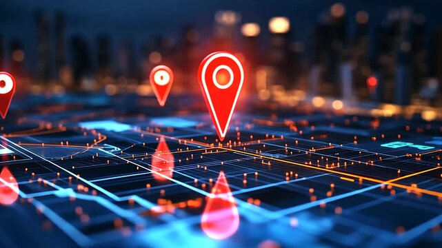 A detailed D cityscape map with red location pins rising above buildings, connected by bright network lines visualizing GIS data connections