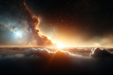 Stunning cosmic sunrise over a swirling nebula illuminating dark space