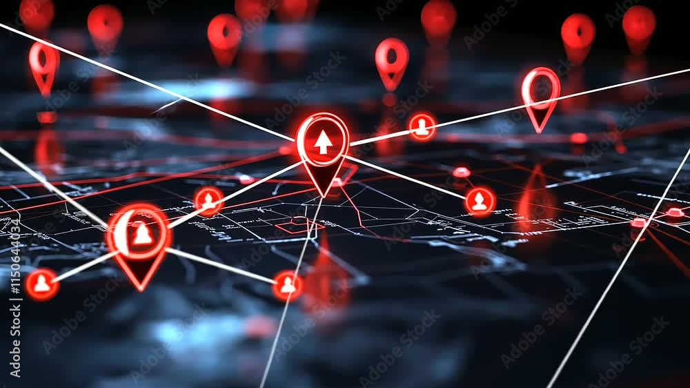 Poster a modern d map with red pins and curved, neon-style lines connecting them, symbolizing gis mapping f