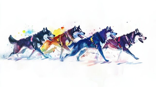 Iditarod Race Dynamic watercolor painting of huskies in colorful harnesses for dog sledding adventure concept