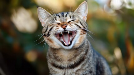 National She's Funny That Way Day Joyful tabby cat expressing happiness outdoors