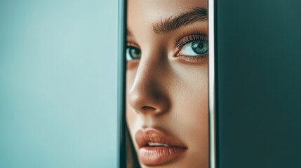 National Smoke and Mirrors Day Close-up portrait of woman with blue eyes peeking through narrow space