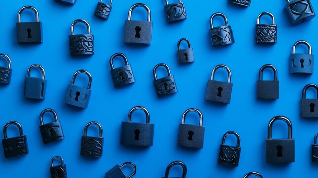 Futuristic cyber security vector illustration. Data security scanning. Wireframe locks on blue background. Padlock technology, cybersecurity, and digital encryption.
