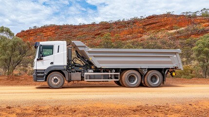 A side view of a dump truck on a dirt road with a rocky landscape in the background.