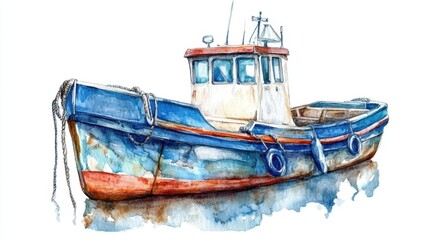 Nafelser Fahrt Watercolor painting of a rustic fishing boat on calm sea with reflections for nautical decor