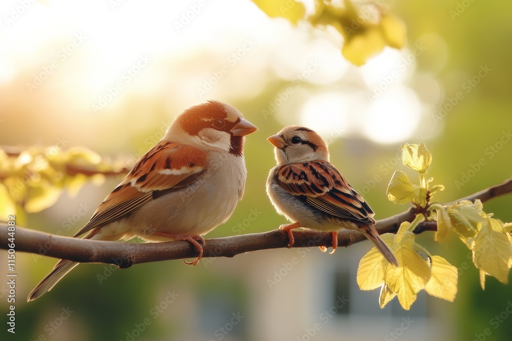Poster sparrows perched on a branch enjoying a sunny day in springtime with new leaves and a warm glow