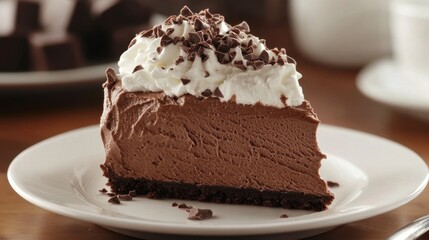 National Chocolate Mousse Day Decadent chocolate mousse cake slice with whipped cream topping on a plate for dessert lovers