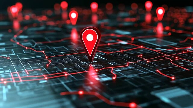 A futuristic D environment showing red location markers on a translucent map with bright lines demonstrating GIS data transmission paths