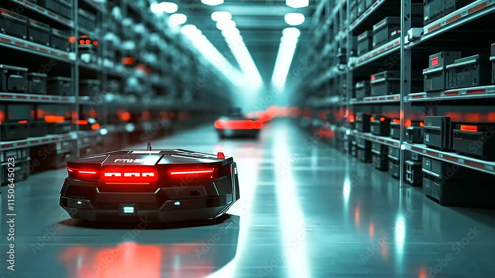 Aufkleber a futuristic warehouse showcasing inventory robots navigating smoothly between well-organized racks 
