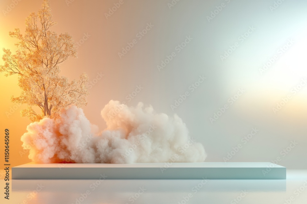 Poster creative abstract display featuring a tree with clouds and light effects in a modern setting