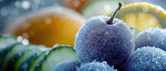 Frosty blueberries and fresh citrus slices with ice crystals in a refreshing summer concept