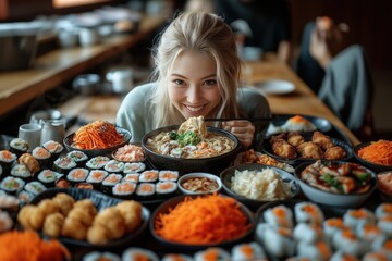 Fototapeta premium Blonde woman enjoying ramen and sushi at a restaurant.