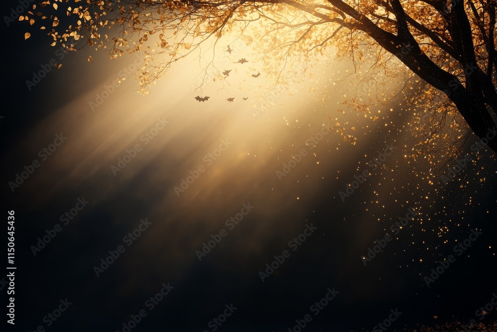 Poster golden sunlight filters through tree branches in a serene forest setting during autumn