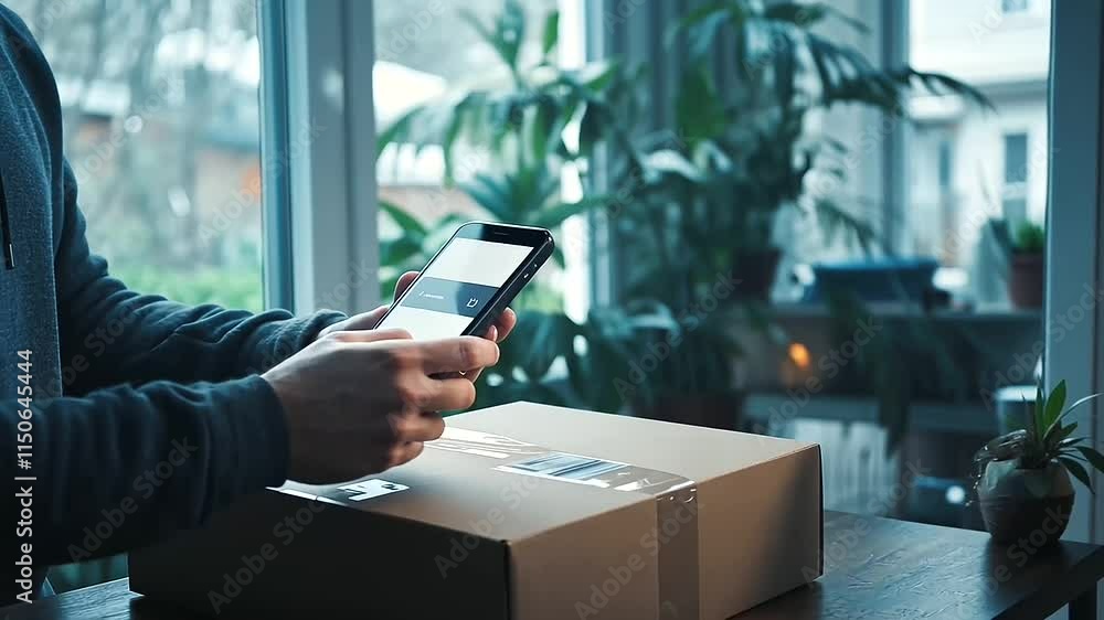 Poster a home office setup where a person is packing a box and scanning the return label with a smartphone 