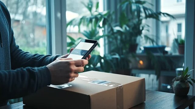A home office setup where a person is packing a box and scanning the return label with a smartphone for tracking purposes