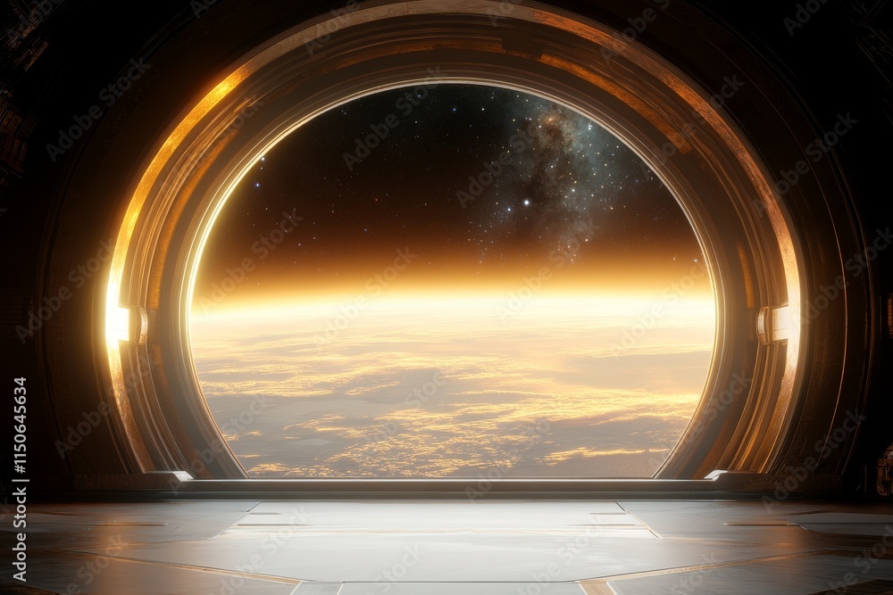 Poster view of a distant planet from a futuristic space station window overlooking swirling clouds and star