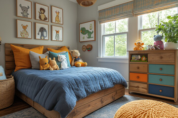Chambre d’Enfant Fantaisie avec Tapisserie Vinyle aux Illustrations Animales Colorées, Cadre de Lit en Bois Récupéré Peint en Bleu Ciel, Commode Vintage Restaurée avec Tiroirs Multicolores