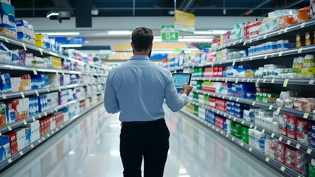A retail manager reviewing inventory stats on a tablet while walking through a well-lit store aisle filled with perfectly stacked products