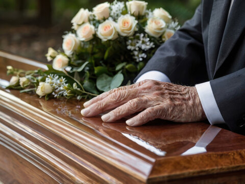 Manos de un anciano en un elegante y brillante ata&uacute;d durante el funeral. Decorado con flores elegantes

