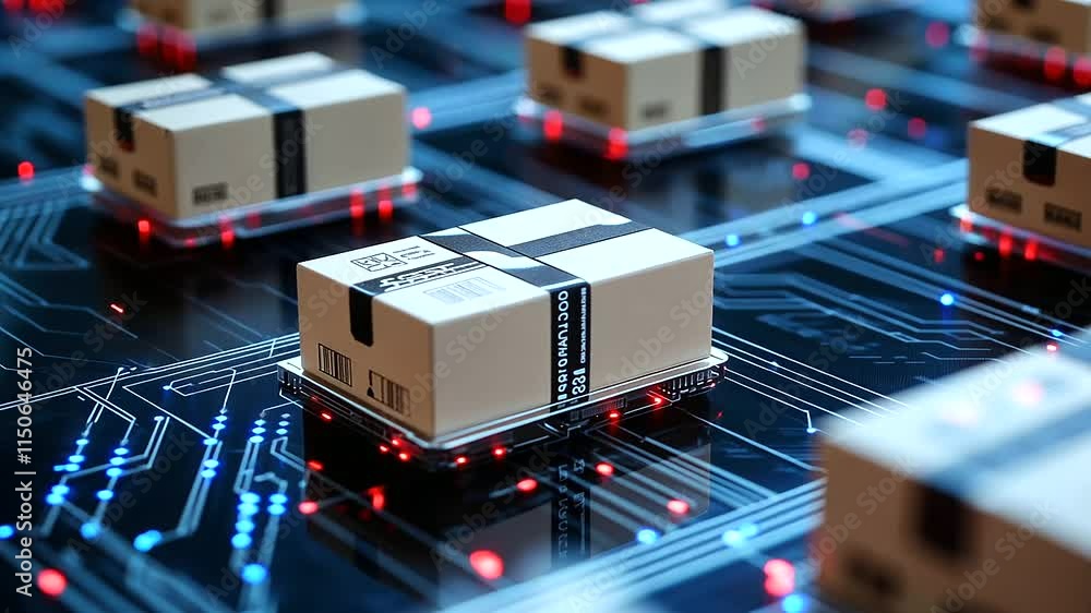 Aufkleber a sleek and modern logistics hub with barcoded boxes neatly arranged on racks, emphasizing streamlin